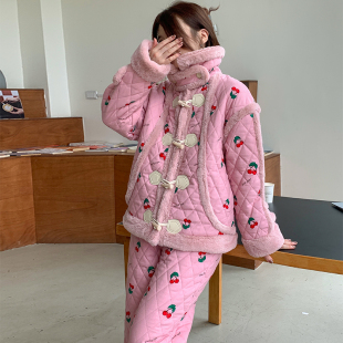 Pink 三层夹棉加绒加厚法兰绒睡衣女可外穿珊瑚绒家居服 grape冬季