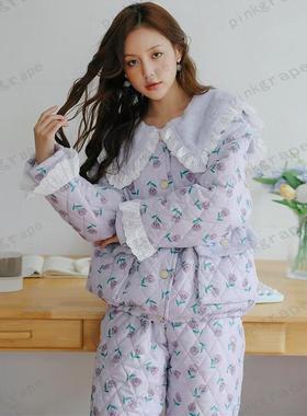 pink grape睡衣女士冬季加厚保暖珊瑚绒三层夹棉加厚家居服可外穿