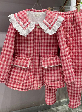 pink grape睡衣女宫廷风法兰绒冬季三层夹棉加厚珊瑚绒可外穿套装