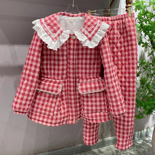 三层夹棉加厚珊瑚绒可外穿套装 grape睡衣女宫廷风法兰绒冬季 pink