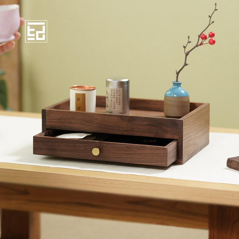 黑胡桃实木家用桌面收纳盒抽屉式茶饼盒茶具置物架茶道配件收纳柜