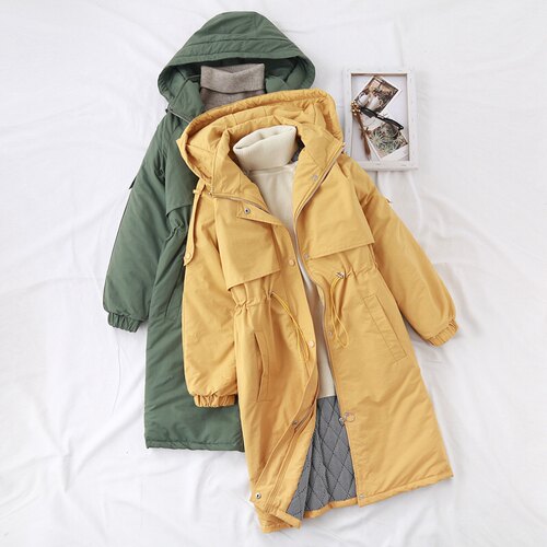 新款韩版宽松百搭收腰过膝棉衣