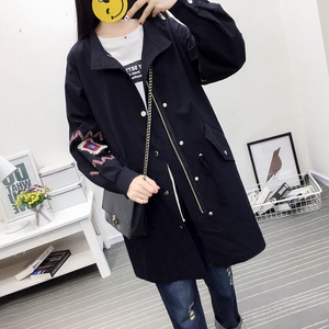 风衣女中长款2019春季新款韩版收腰立领春秋复古宽松百搭刺绣外套