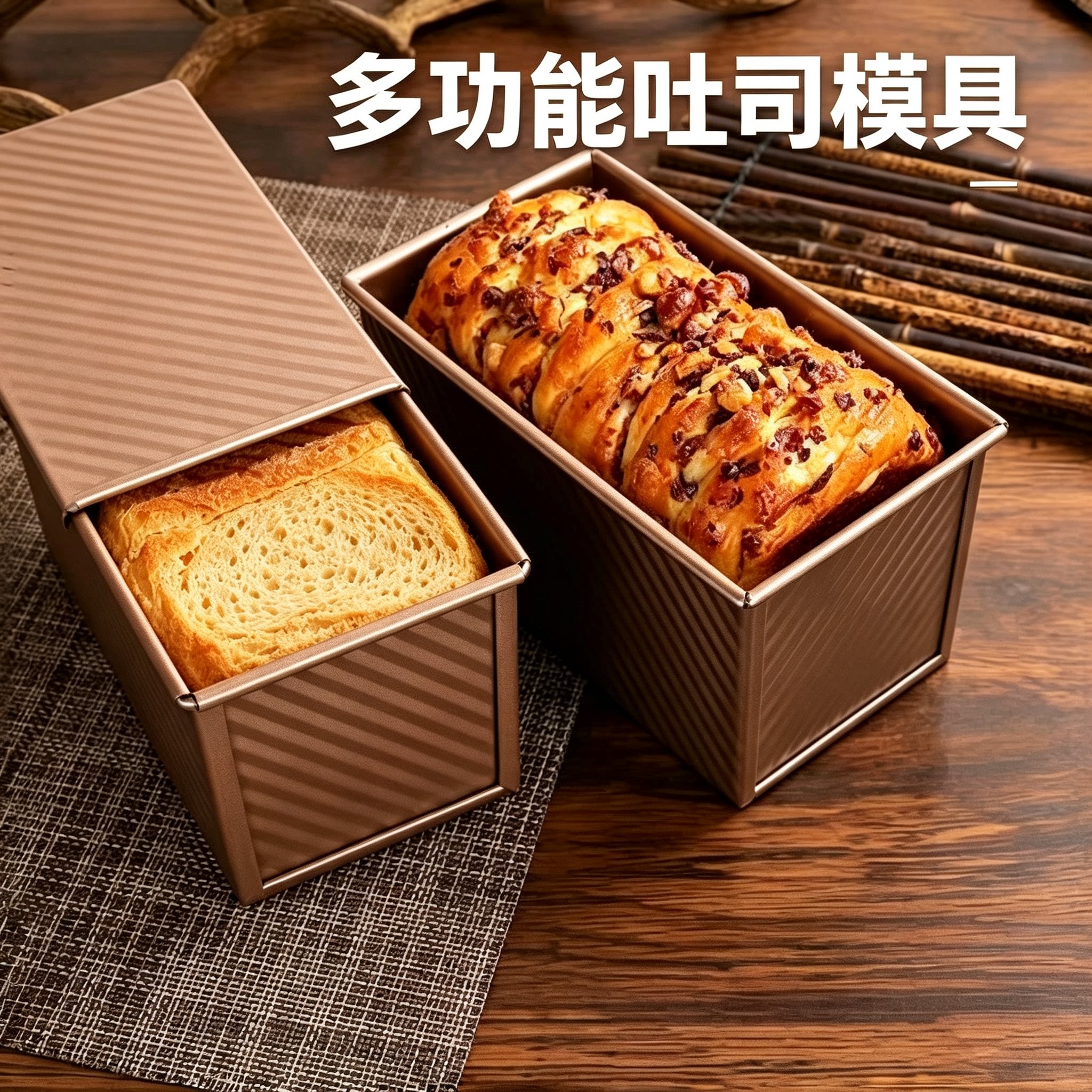带盖土司盒工具套装金色波纹不沾面包烘焙模具烤箱家用450g吐司盒
