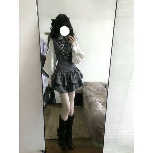 浮影遐想 韩系千金风辣妹收腰长袖衬衫+格纹连衣裙两件套女春季