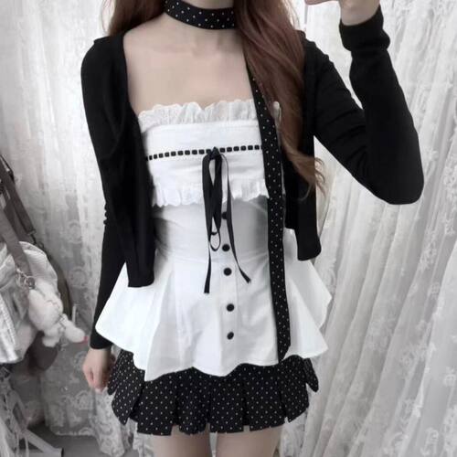 韩系甜美风三件套春季百搭长袖开衫设计感系带上衣波点半身裙套装