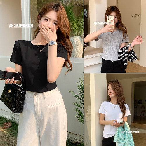 白色短袖t恤女2026新款春夏季修身显瘦圆领打底半袖小个子正肩上