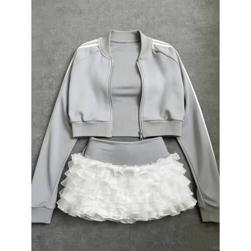 韩系运动风套装夏季新款百搭时尚休闲外套小众设计半身短裙两件套