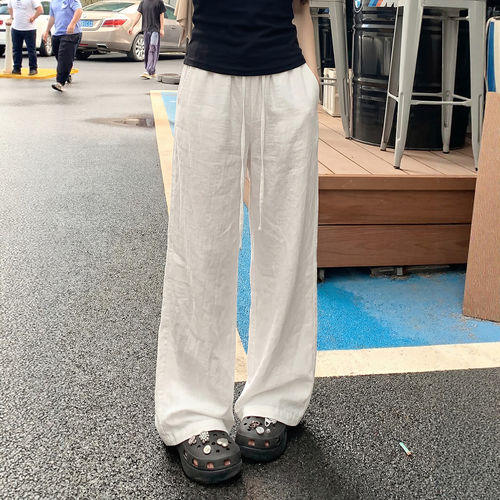 白色棉麻裤女夏季2026薄款小个子高腰阔腿裤老钱风垂感显瘦亚麻裤