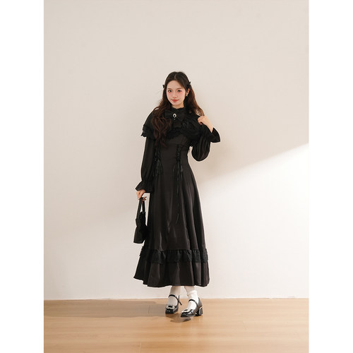 【昼夜】 法式新款哥特清楚系长袖蝴蝶结连衣裙收腰气质显瘦长裙