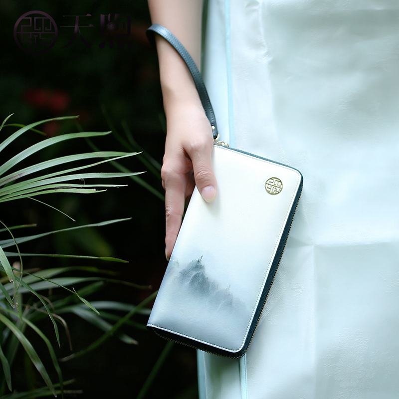 生日送妈妈礼物中国风印花配旗袍浅色印花长款钱包女士拉链手机包