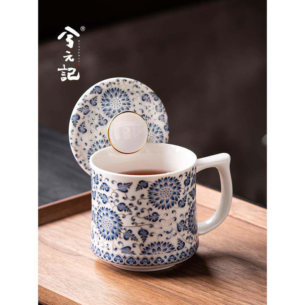 西元记青花荷花陶瓷带盖茶杯,鎏金银羊脂玉瓷高档马克杯,办公水