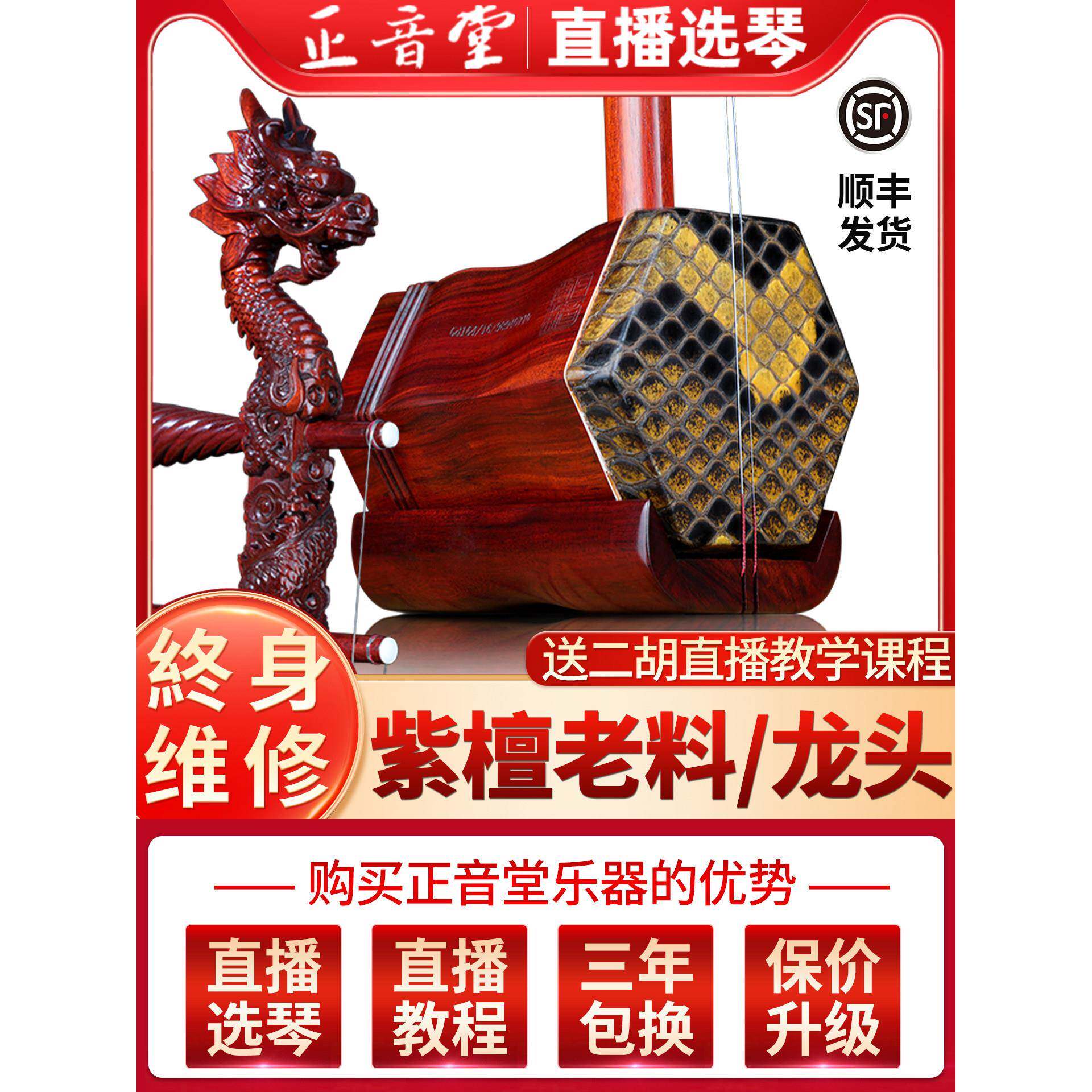 正音堂二胡乐器紫檀专业演奏民族可选蟒皮有视频龙头 二胡