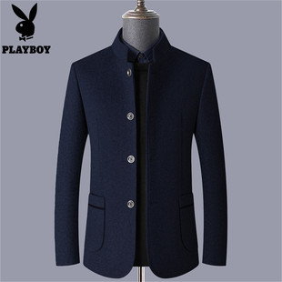男商务休闲西服羊毛呢外套上衣潮 加厚立领西装 花花公子秋冬季 男士