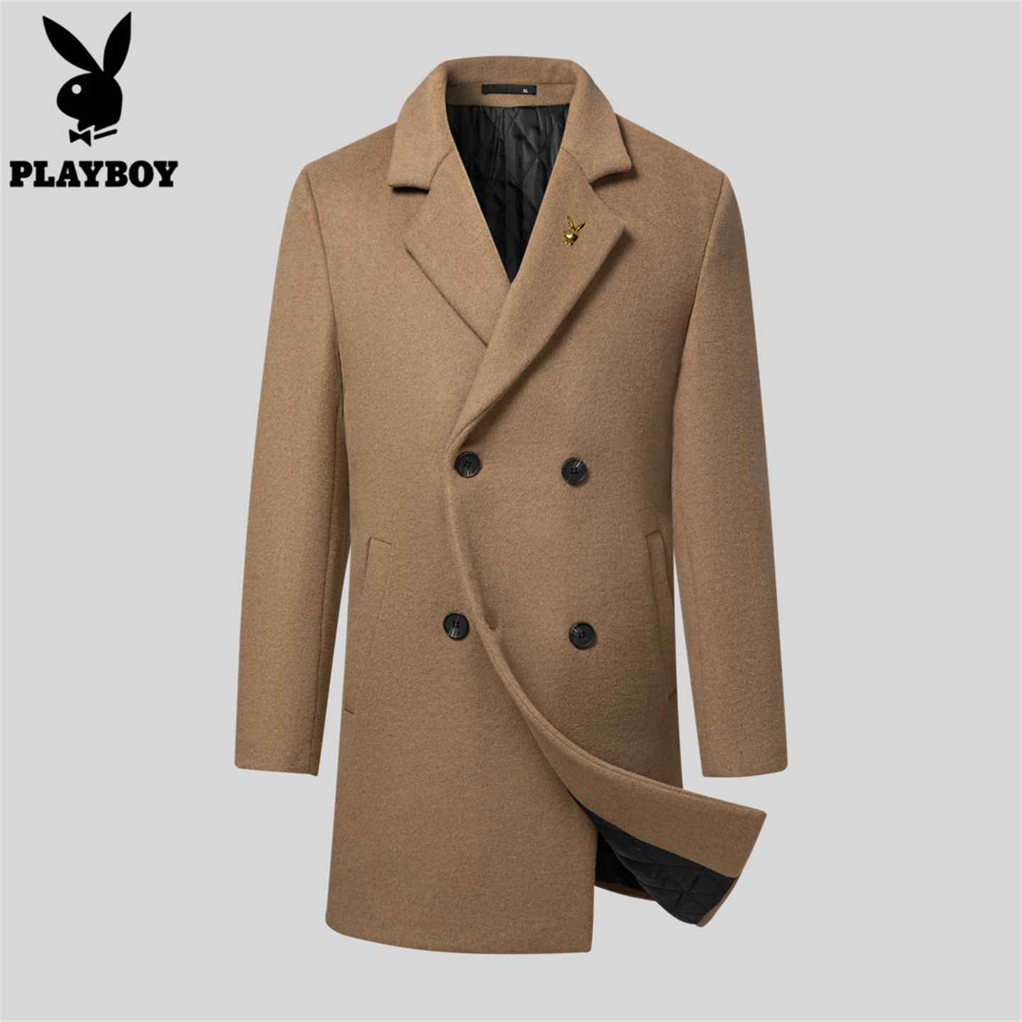 花花公子羊毛呢大衣男士风衣外套