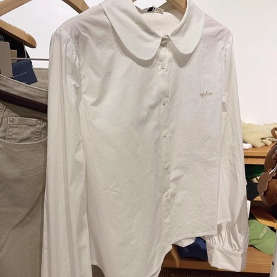 韩系长袖显瘦白色娃娃领纯棉衬衫