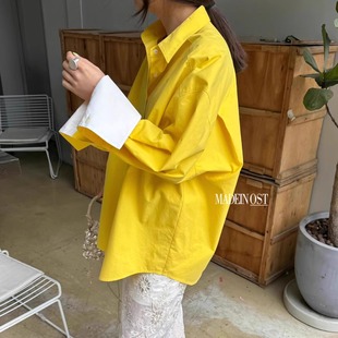 2026春新款独特撞色翻袖宽松廓形衬衫美式bf风松弛感百搭上衣开衫