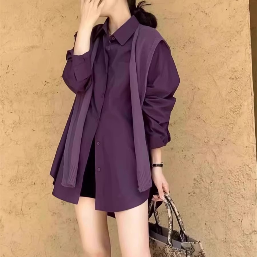 休闲港风宽松纯棉长袖紫色衬衫