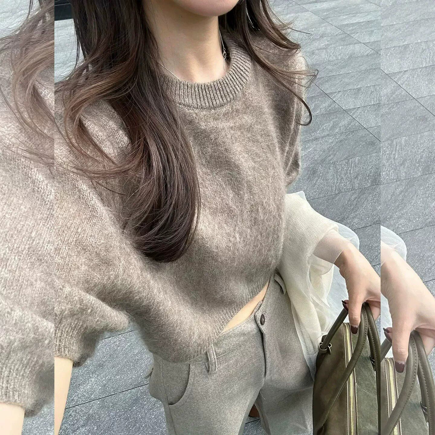 韩版软糯高级感慵懒马海毛短款针织衫女秋季时髦宽松洋气短袖上衣