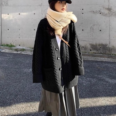 韩系加厚中长款宽松麻花毛衣开衫