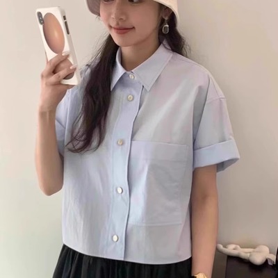 文艺风韩版浅蓝色短袖纯棉衬衫