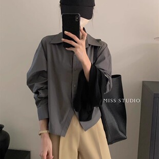 春季短款复古宽松打底长袖灰色衬衫韩版高级感通勤女装polo领上衣