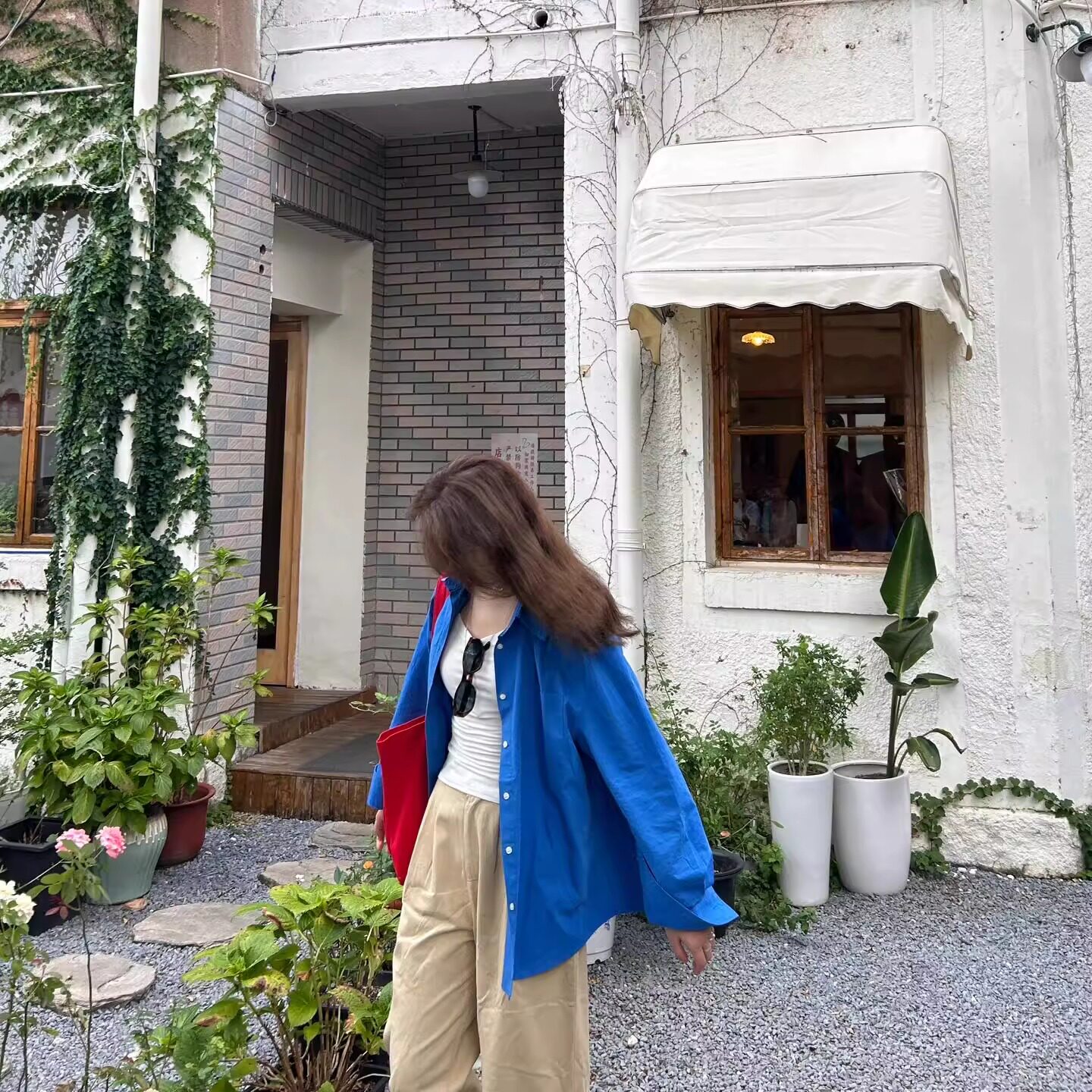 慵懒韩范宽松洋气蓝色长袖衬衫