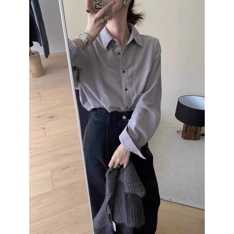 休闲复古叠穿长袖灯芯绒紫色衬衫