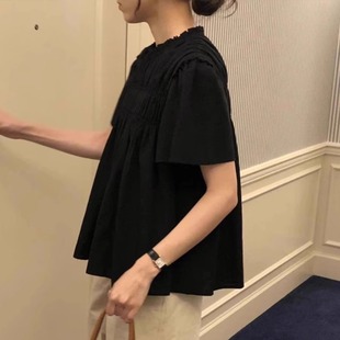 气质韩系松紧抽褶设计黑色短袖 绝美花边圆领洋气上衣 衬衫 夏日新款