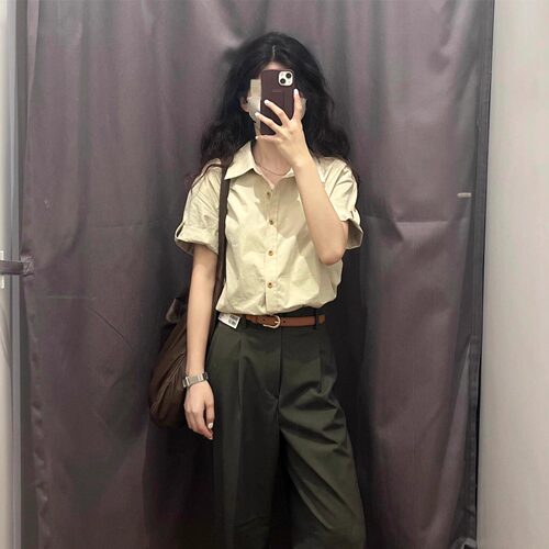 通勤港风女装宽松短袖卡其色衬衫