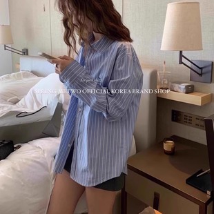 2026春秋新款显瘦蓝条纹长袖衬衫复古chic设计感法式宽松打底衬衣