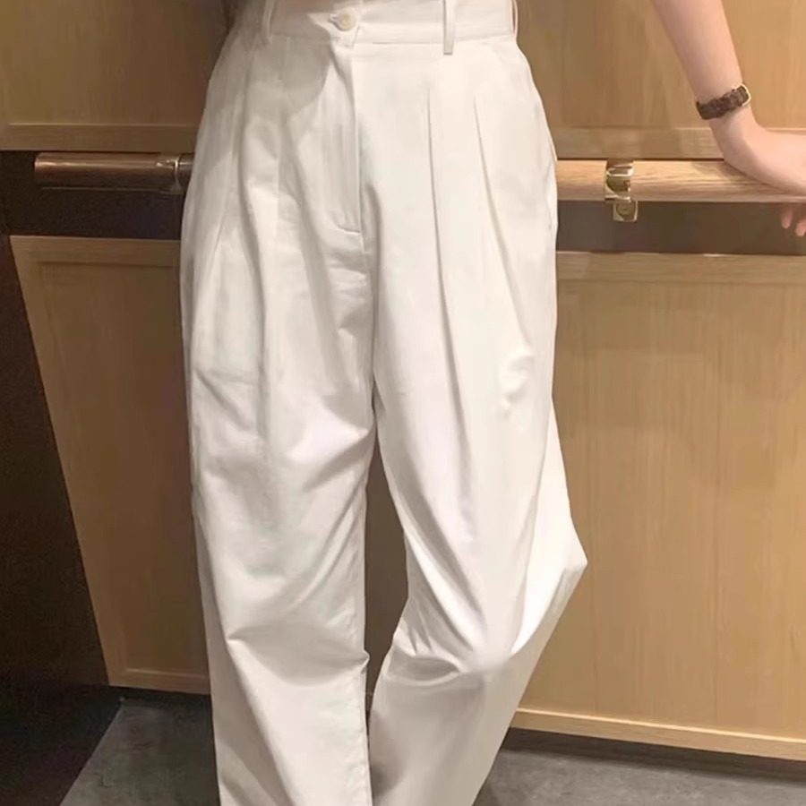白色休闲裤女春夏新款高腰窄版直筒裤简约chic韩范宽松显瘦长裤薄