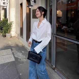 港味洋气设计感时尚宽松V领套头衬衫春新款小个子打底白色衬衣女