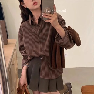 条纹衬衫春装新款显瘦气质翻领上衣女港风chic高级感宽松复古衬衣