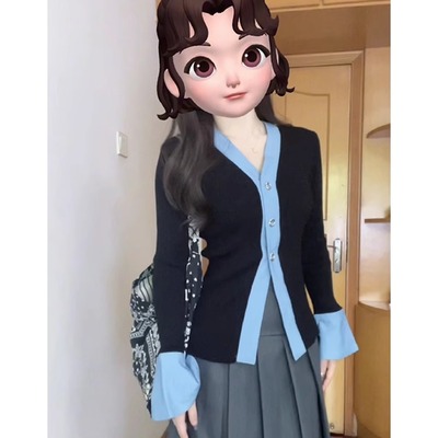 韩风撞色v领喇叭袖修身针织开衫