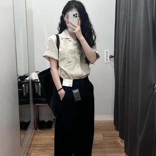 棉麻短袖 复古韩版 新款 显瘦别致古巴领米色衬衫 极简衬衣 女2025夏季