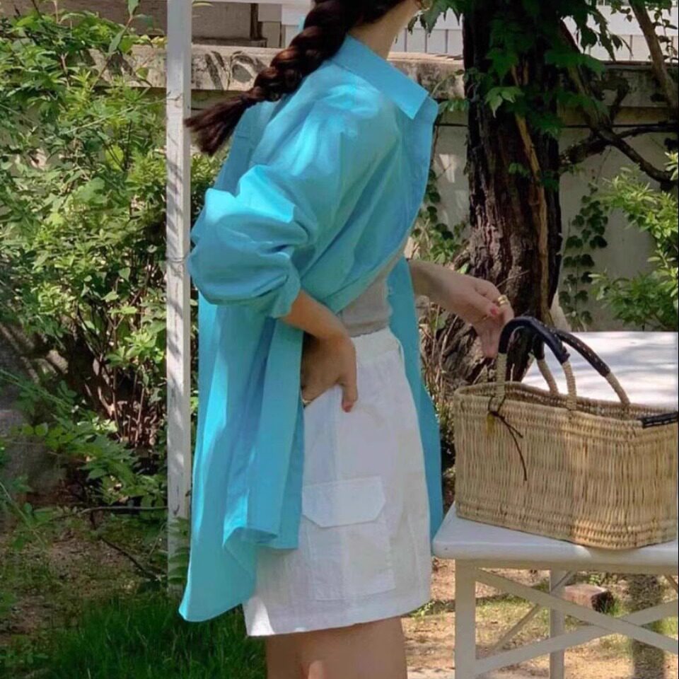 超仙氛围感慵懒外穿长袖防晒衬衫女夏日新款宽松设计感纯色衬衣薄