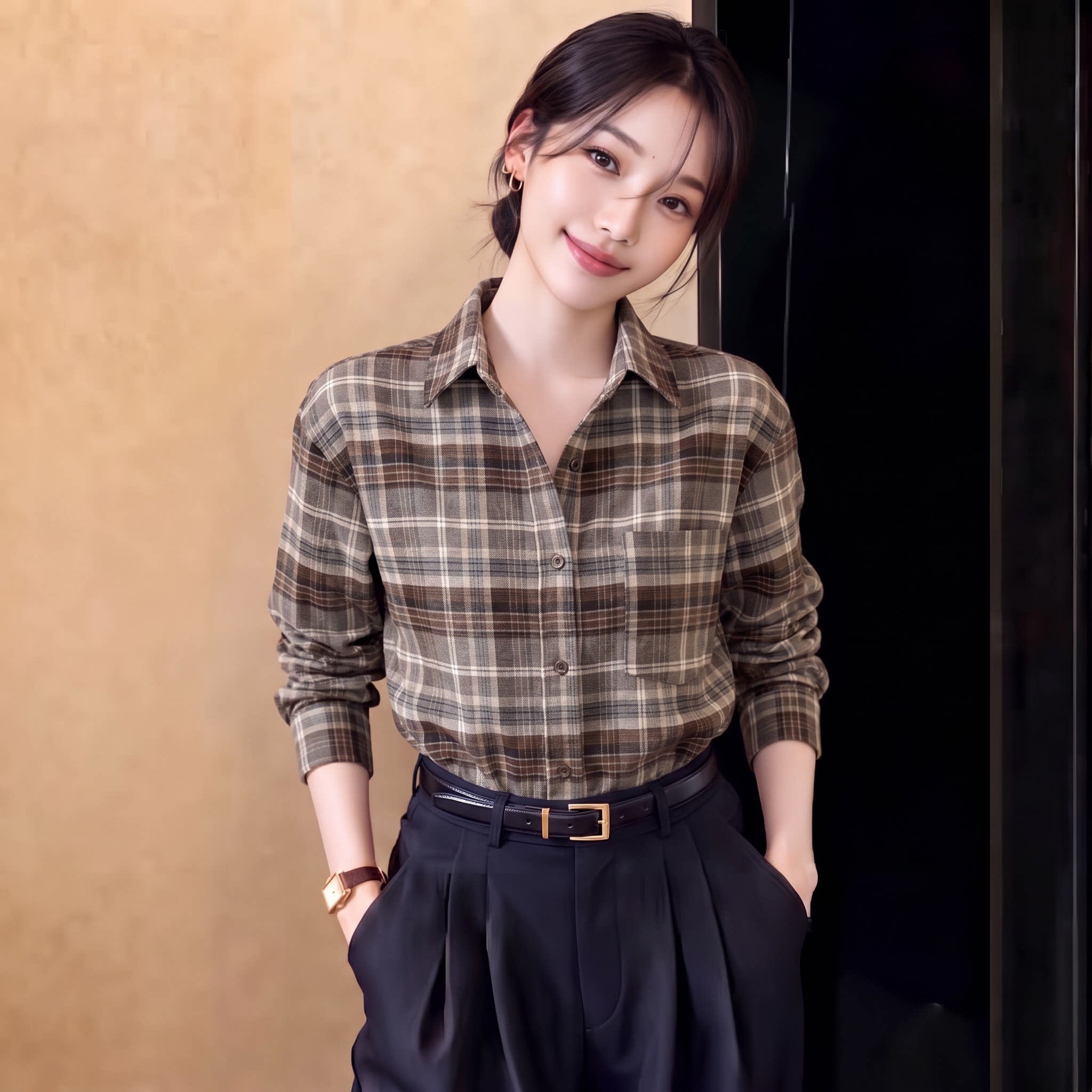 韩版新款慵懒风咖色长袖翻领衬衣女春秋休闲宽松气质格子百搭上衣