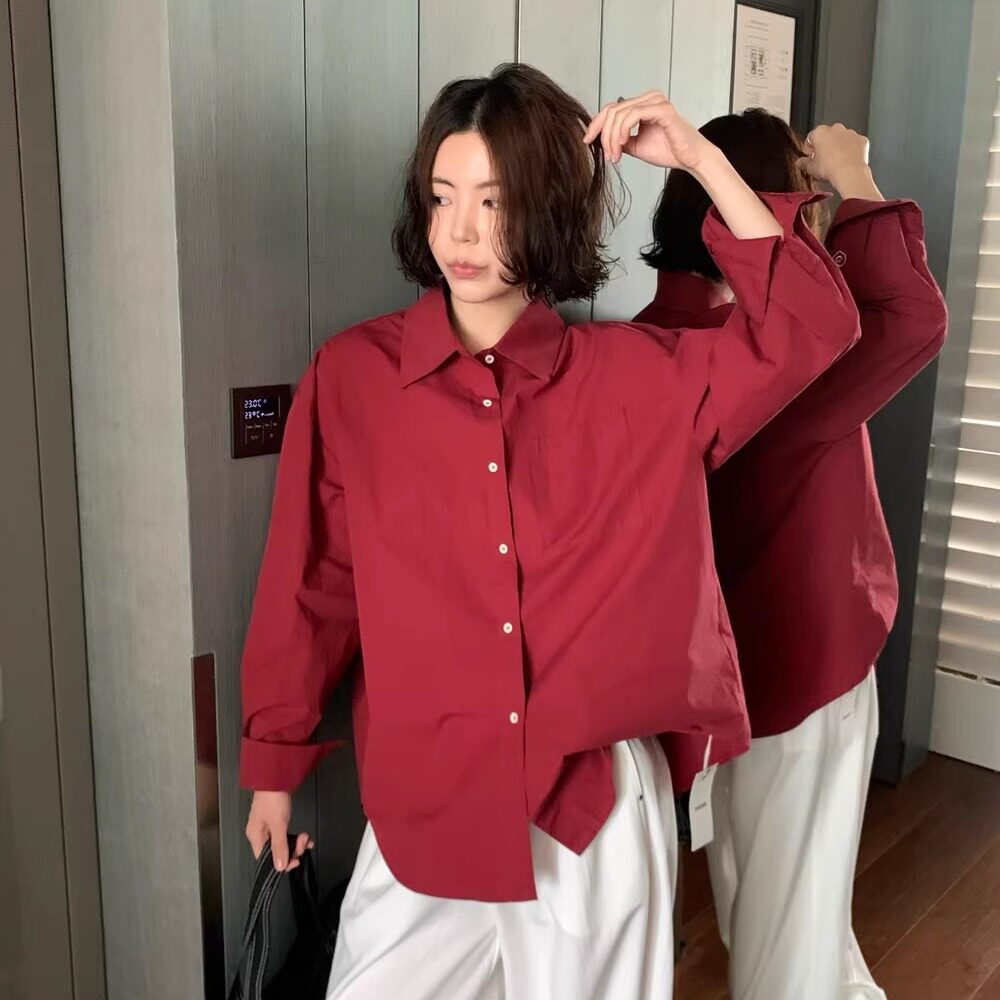 法式袖口刺绣纯色宽松廓形衬衫