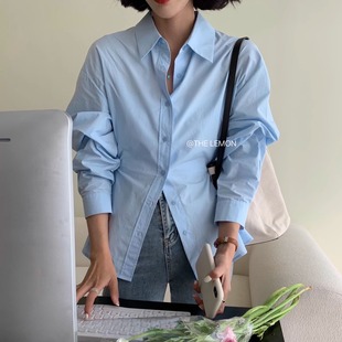 小个子法式 秋季 纯棉衬衫 独特系扣收腰长袖 百搭显瘦蓝色衬衣女 新款