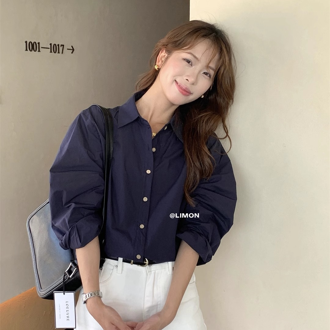 通勤风韩系宽松长袖藏青色衬衫