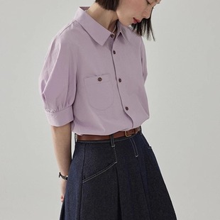 紫色短袖衬衫轻熟风法式显瘦泡泡袖衬衣夏款漂亮复古排扣正肩小衫