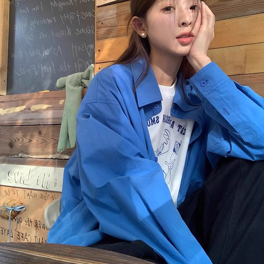 2026春季新款休闲感蓝色宽松衬衫女洋气chic韩范慵懒外穿长袖衬衣