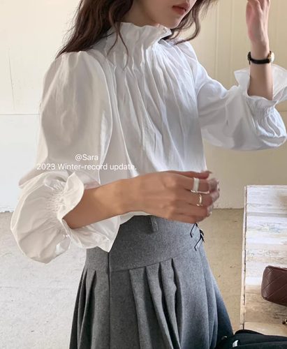 淑女法式泡泡袖褶皱立领白色衬衫