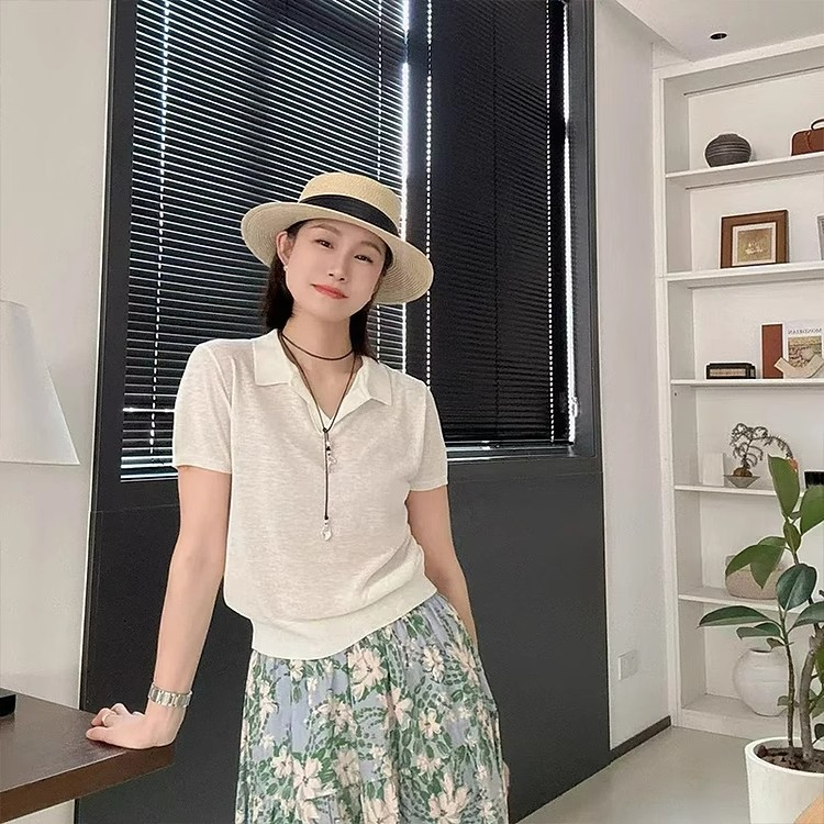 夏季复古高级感翻领正肩polo衫短袖T恤韩版新款修身显瘦减龄上衣