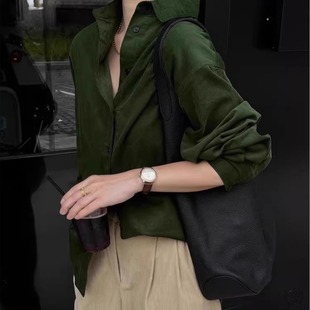 韩风ins复古感叠搭长袖灯芯绒衬衫女秋冬新款超显白打底绿色衬衣