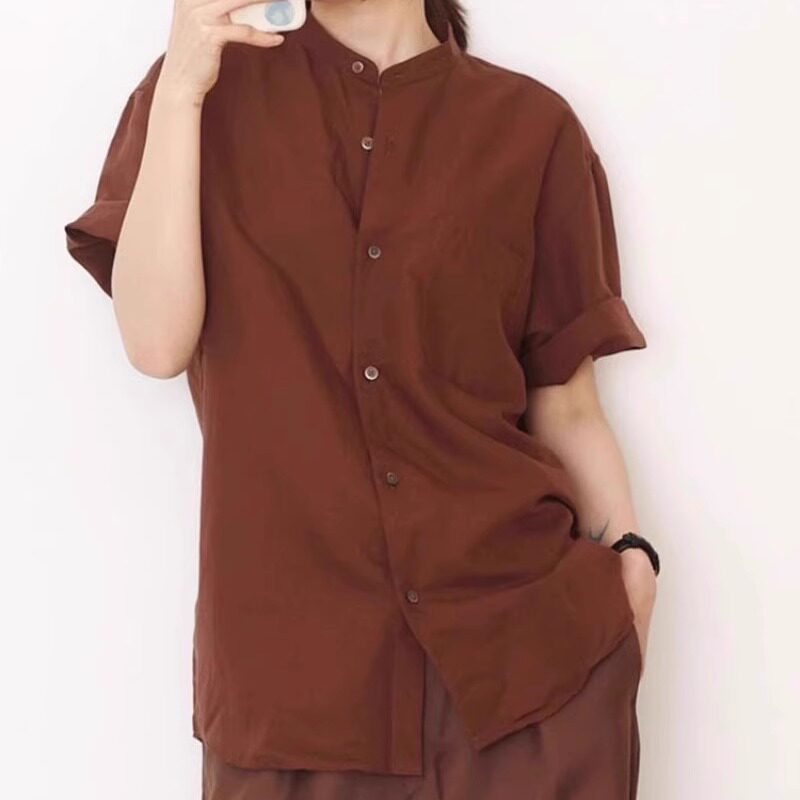 通勤风港味小立领短袖棕红色衬衫