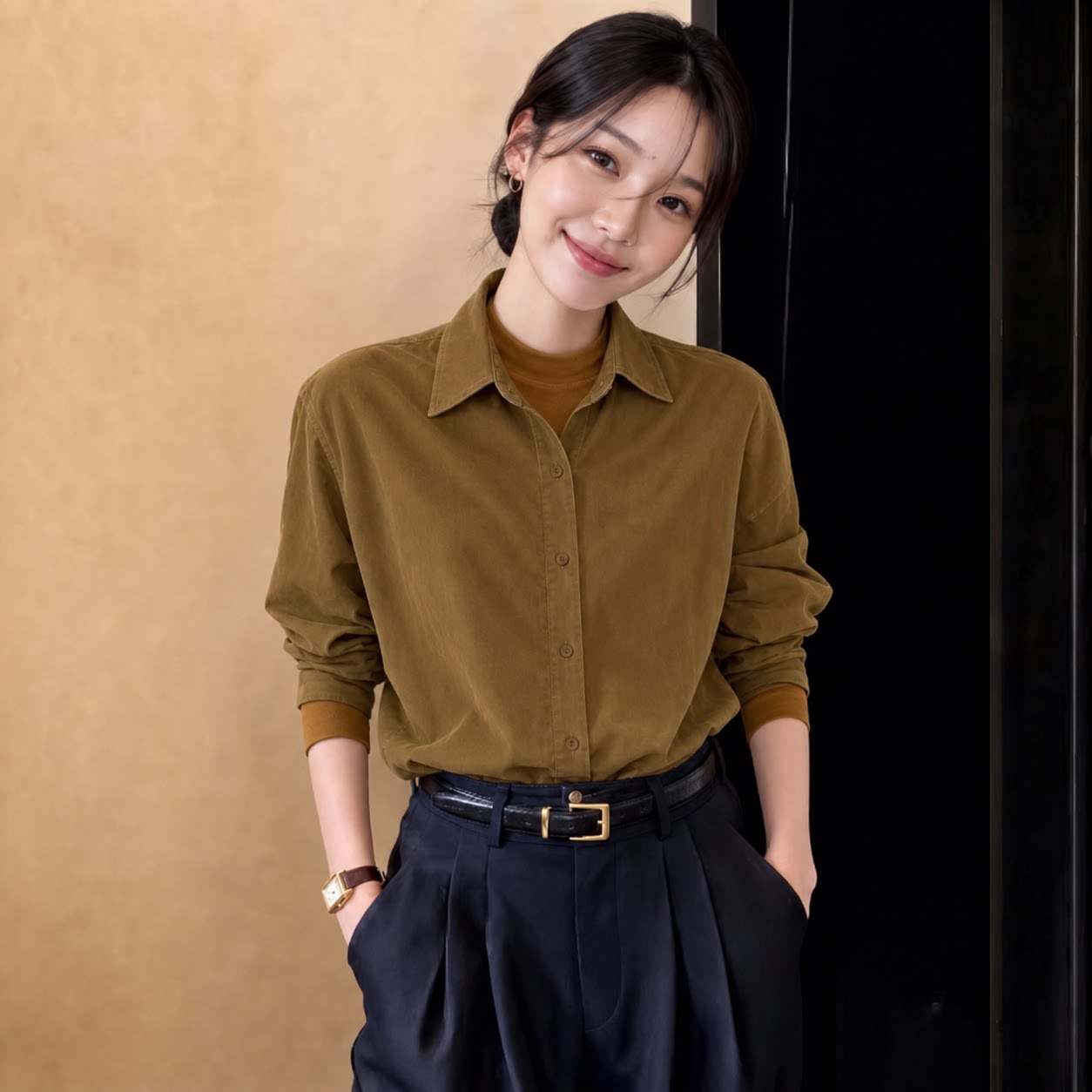 韩版新款慵懒风咸菜绿显瘦长袖衬衣女春秋复古高级感宽松别致上衣