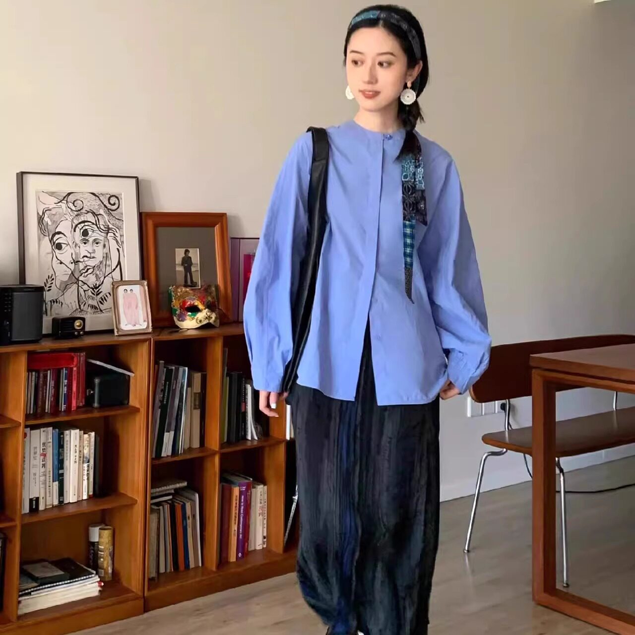 复古宽松长袖隐形排扣圆领衬衫