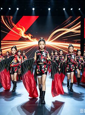 儿童走秀京剧脸谱走秀潮服女童红黑礼服中国民族风龙国潮儿童车模